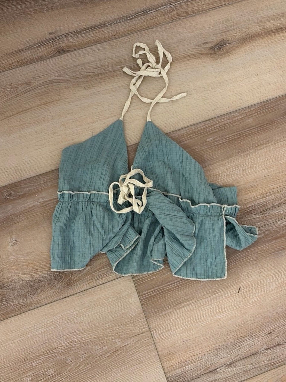 SHEIN Teal Ruffle Halter Crop Top with Cream Ties